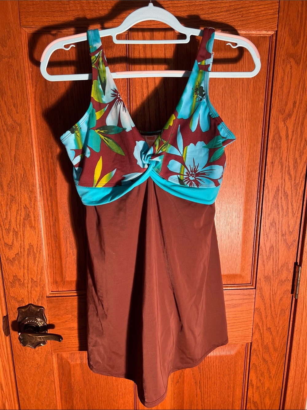Brown Tankini Swim Dress with Turquoise Floral Top